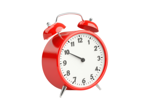 Classic red alarm clock showing time at ten on a transparent background, cut out