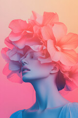 Naklejka premium Vibrant Illustration of a Female Model Adorned with Large Flowers on a Pink Background with Blue and Pink Gradients