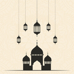 Minimal background for Eid Murbarak with mosque and hanging lanterns 