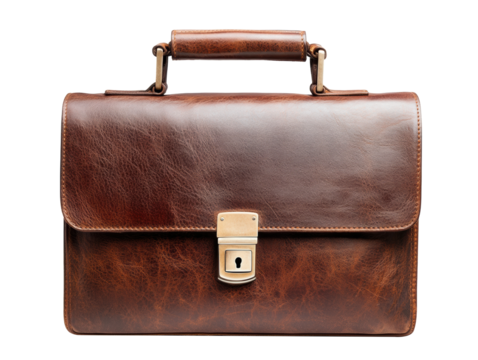 Classic brown leather briefcase with a secure locking mechanism on a transparent background, cut out