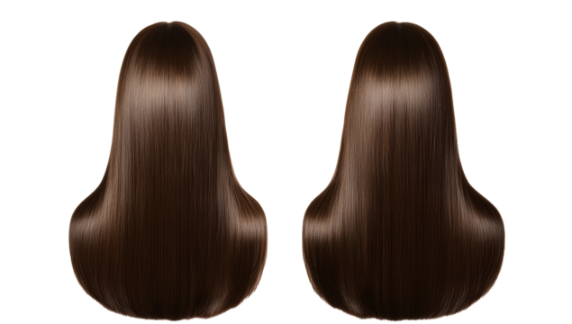 Silky smooth dark brown hair showcased from behind on a transparent background, cut out