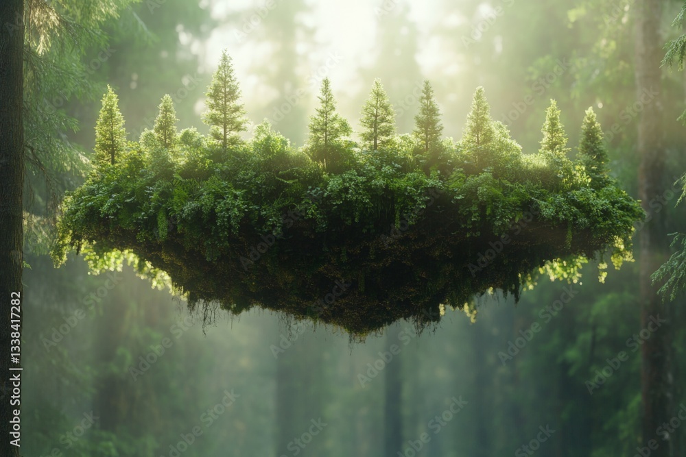 Aufkleber floating island of lush greenery surrounded by towering trees in a serene forest during golden hour
