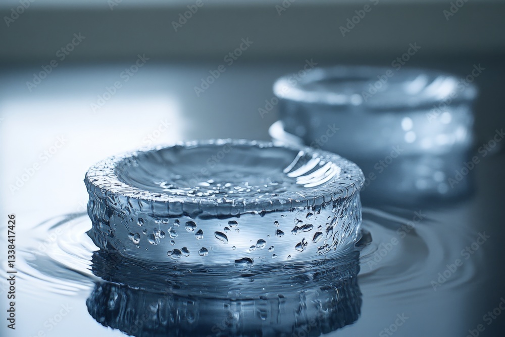 Poster bubbles forming around clear glass coasters resting on a reflective wet surface in soft lighting