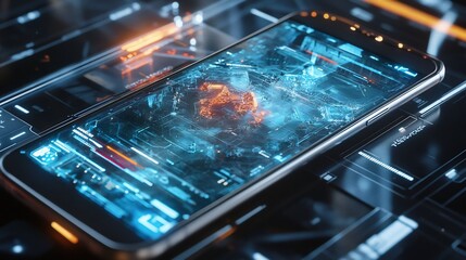 Futuristic smartphone with abstract technological interface for advanced connectivity