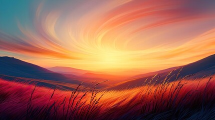 Fototapeta premium Sunset landscape abstract background concept. A vibrant sunset illuminating rolling hills, creating a serene and colorful sky.