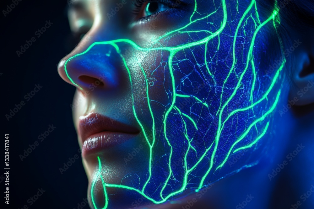 Poster neon facial art highlighting intricate patterns illuminated by blue and green light during an artist