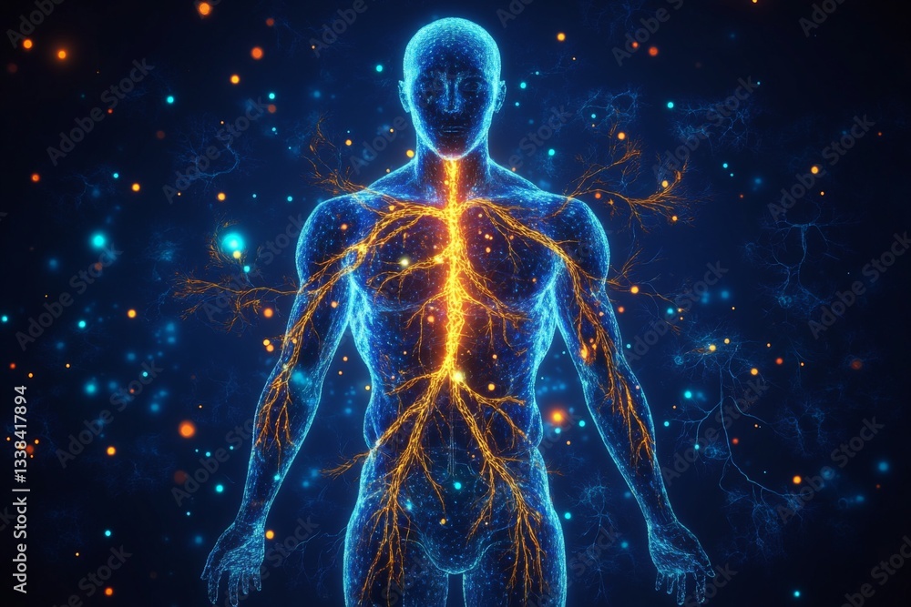 Poster visual representation of human anatomy illustrating the nervous system and neural pathways at night