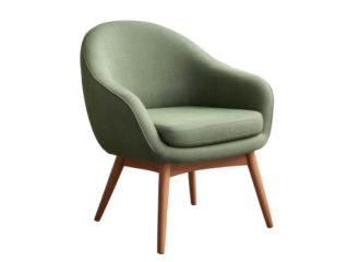 Stylish green chair with wooden legs for modern interiors on a transparent background, cut out