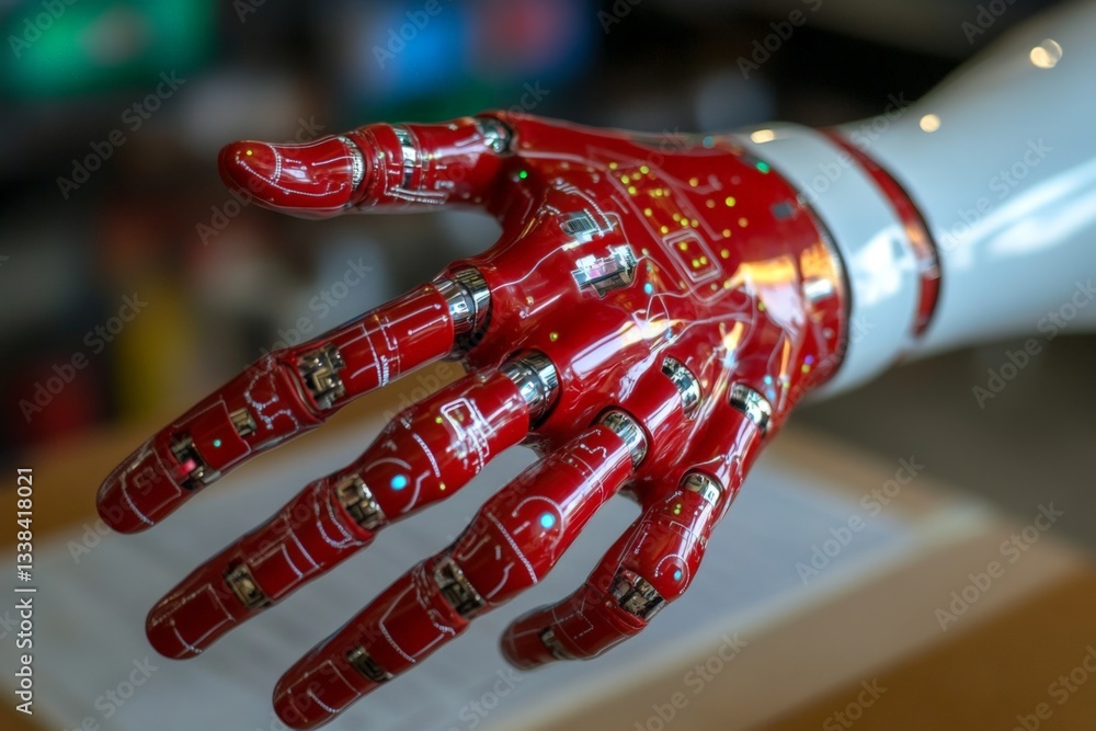 Poster robotic hand with intricate circuitry displayed at a technology expo in an urban setting
