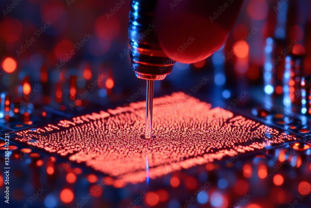 Poster expert handling of precision tools on a microchip under vibrant lighting in a high-tech environment