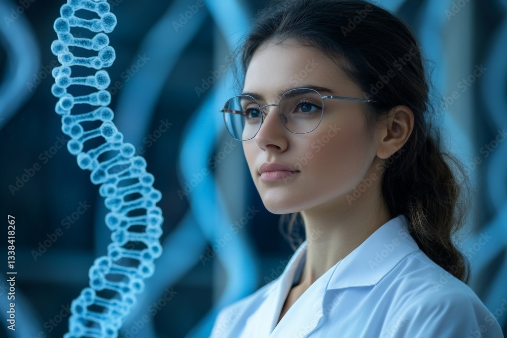 Poster researcher in lab study examining dna structure during advanced genetic experiment in modern facilit