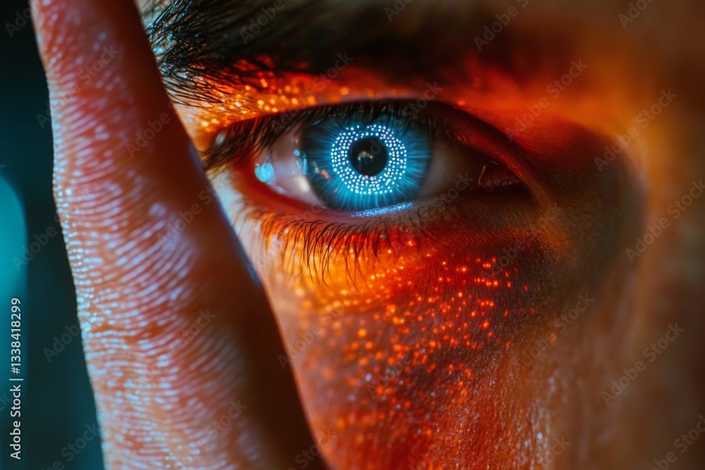 Aufkleber Intricate close-up of a human eye illuminated with colorful lights and patterns in a dark environment showcasing emotion and depth
