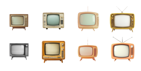 Collection of Vintage Retro Televisions from the 1950s and 60s isolated on Transparent PNG