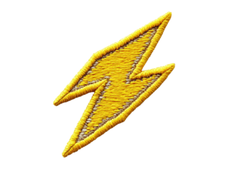 Bright yellow lightning bolt patch with intricate embroidery design on a transparent background, cut out