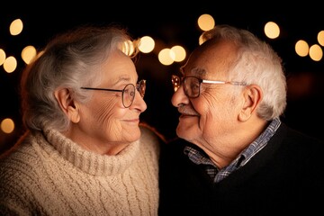 Elderly couple sharing a joyful moment surrounded by warm lights during a cozy evening