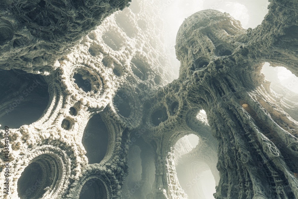 Poster intricate structural formation in a surreal, illuminated cavernous space