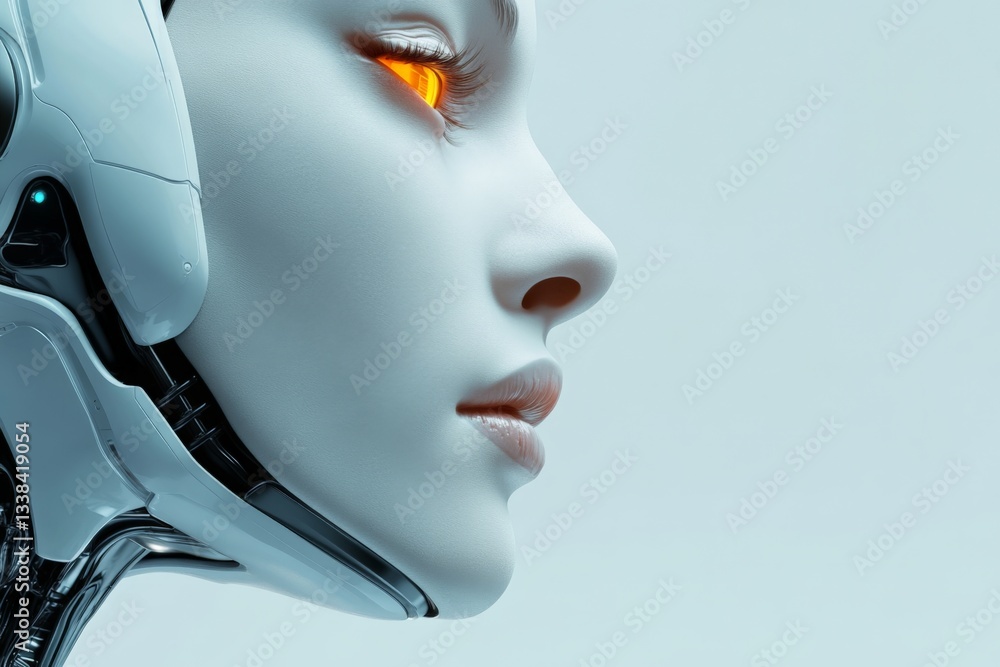 Poster robotic face with glowing eye in futuristic design showcasing advanced technology and artificial int
