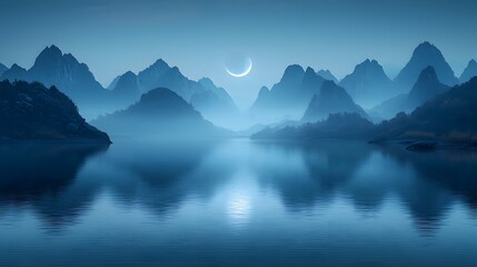 Tranquil Lakeside Panorama Under Crescent Moon and Majestic Mountain Silhouettes