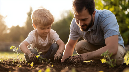 A father and son planting a garden together in spring
