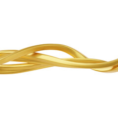 Golden twisted ribbons on white, horizontal yellow intertwined wave shapes, curvy metal lines stream vector 3D design