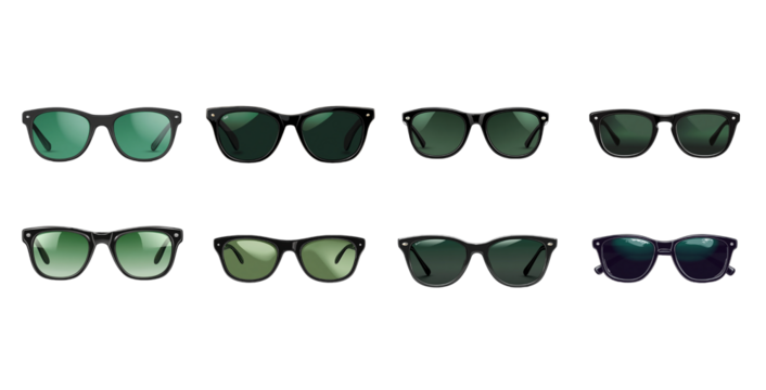 Collection of eight stylish sunglasses with dark green lenses and black frames isolated on Transparent PNG