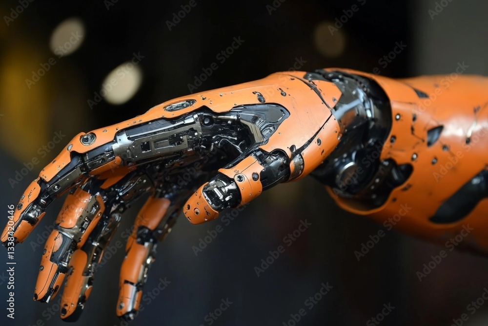 Poster robotic hand on display showcasing advanced technological design in a futuristic setting