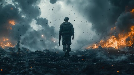 Lone Soldier Stands Firm Amidst Raging Battlefield Chaos and Destruction