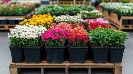Fototapeta premium Truck Loaded with Potted Plants for Garden Supply at a Vibrant Nursery Displaying Colorful Floral Arrangements in Gardener's Paradise