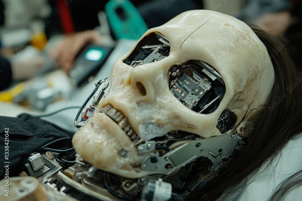 Aufkleber Robot skull with intricate mechanical components displayed in a laboratory setting during a tech showcase event