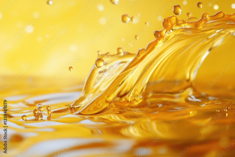 Poster captivating close up of golden liquid splash with dynamic movement and smooth surface against warm y