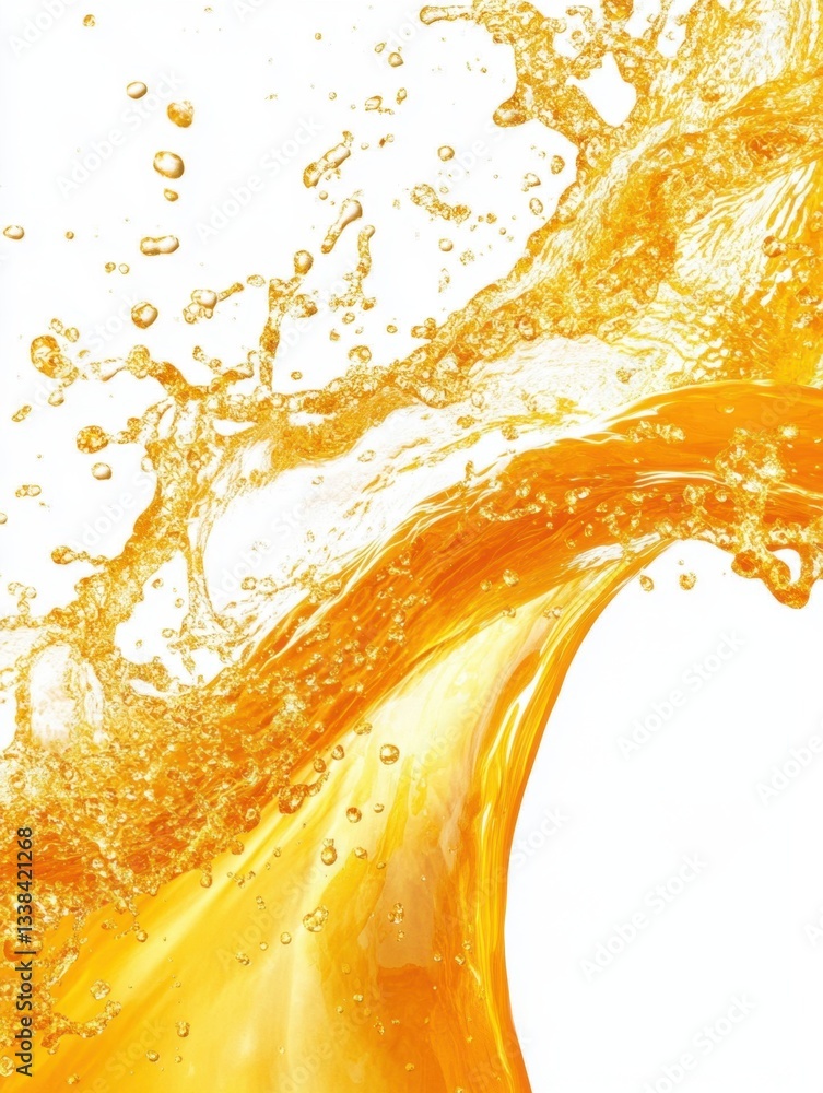 Poster dynamic orange juice splash against white backdrop creating refreshing and vibrant liquid wave motio