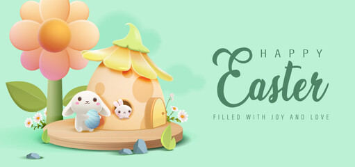 Happy Easter Day Design with Cute Bunny Vector Illustration. Egg Hunt Party Concept. Suitable for Poster Banner Flyer and Brochure Template