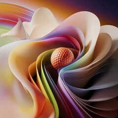 A 3D abstract art piece featuring a vibrant orange golf ball soaring through a kaleidoscope of colors, with ethereal shapes enhancing movement and emotional resonance.