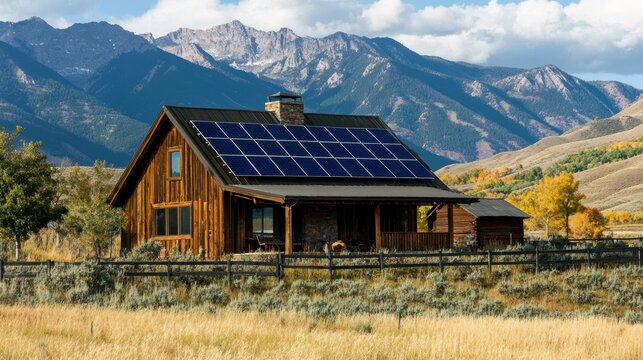 Solar Panels Mounted on Rural Home with Mountain Background
