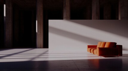 Modern Minimalist Living Room  Sunlit Interior Design with Orange Sofa   Copy Space