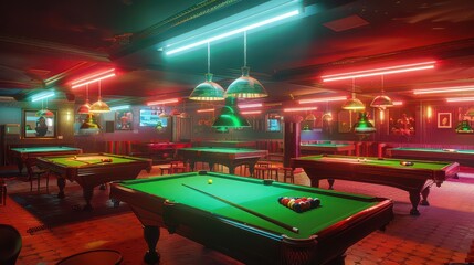 A brightly lit snooker club interior with several tables in use and players focused on their shots.