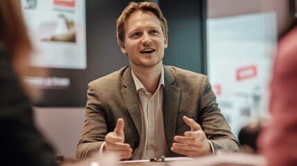 Businessman in a jacket actively discussing work against the background of a modern office. The man talks about his achievements. Meeting of a political leader with his assistants