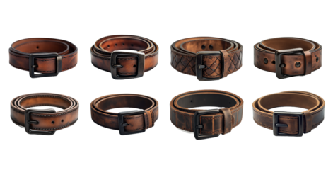 Collection of eight brown leather belts with different textures and styles isolated on Transparent PNG