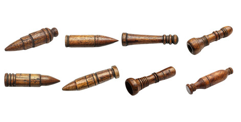 Collection of eight antique wooden bulletshaped objects possibly game pieces or tools isolated on Transparent PNG