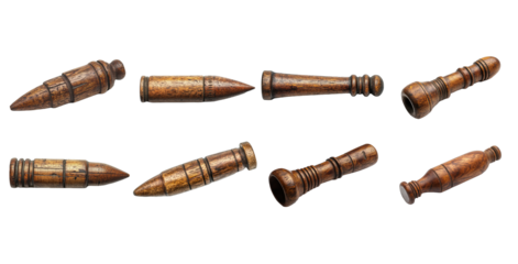 Collection of eight antique wooden bulletshaped objects possibly game pieces or tools isolated on Transparent PNG
