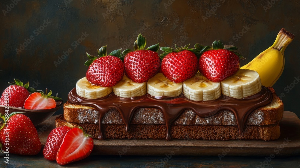 Poster an artistic shot of honey toast with a thick layer of nutella, topped with sliced strawberries and b