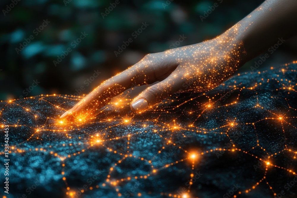 Poster hand touching a textured surface illuminated by glowing connections in a forest setting during twili