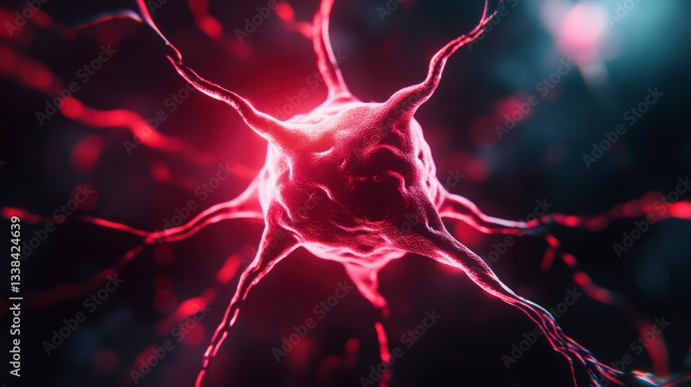 Poster stunning digital rendering of a neuron with glowing red tendrils against a dark background