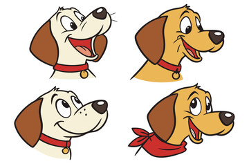 A collection of various cartoon dog faces in a fun and expressive style, designed as vector cliparts and isolated on a white background
