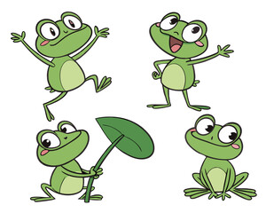 Playful and funny green frog cartoon character, designed with a charming expression and isolated on a clean white background

