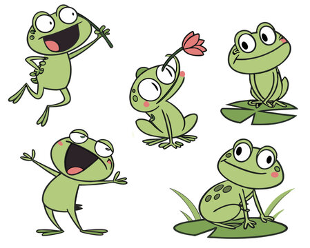 Playful and funny green frog cartoon character, designed with a charming expression and isolated on a clean white background
