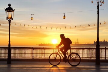 Biker enjoys a sunset ride along the waterfront promenade with glowing lights