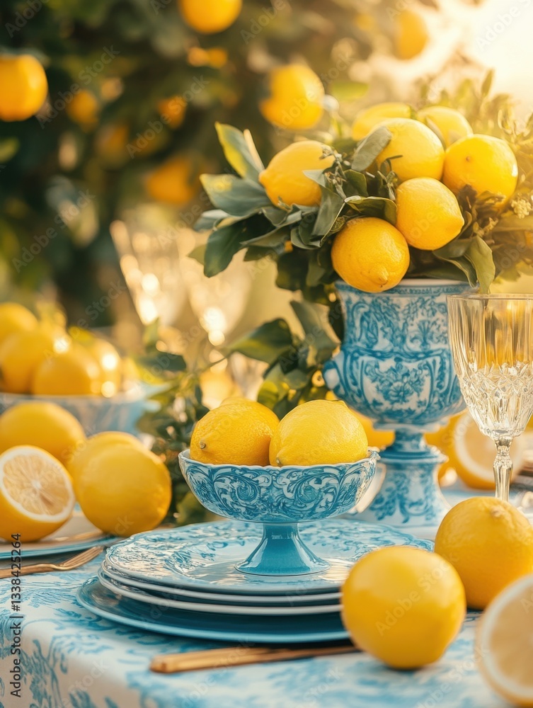 Aufkleber elegant lemon arrangement on a patterned table under the warm sunlight creating a refreshing summer 
