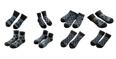 Six Pairs of Stylish Ankle Socks with Diamond Pattern Design in Gray Black and Blue isolated on Transparent PNG