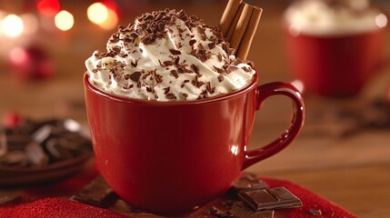 A red mug filled with hot chocolate and whipped cream